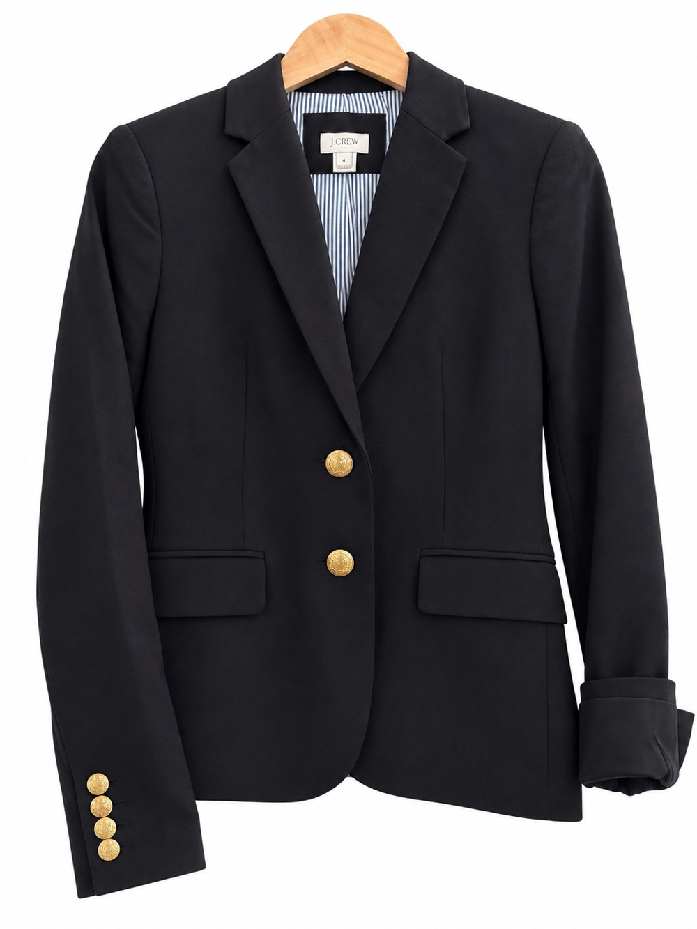 J.Crew Schoolboy Blazer in Black with Gold Buttons and Striped Lining - Size 4